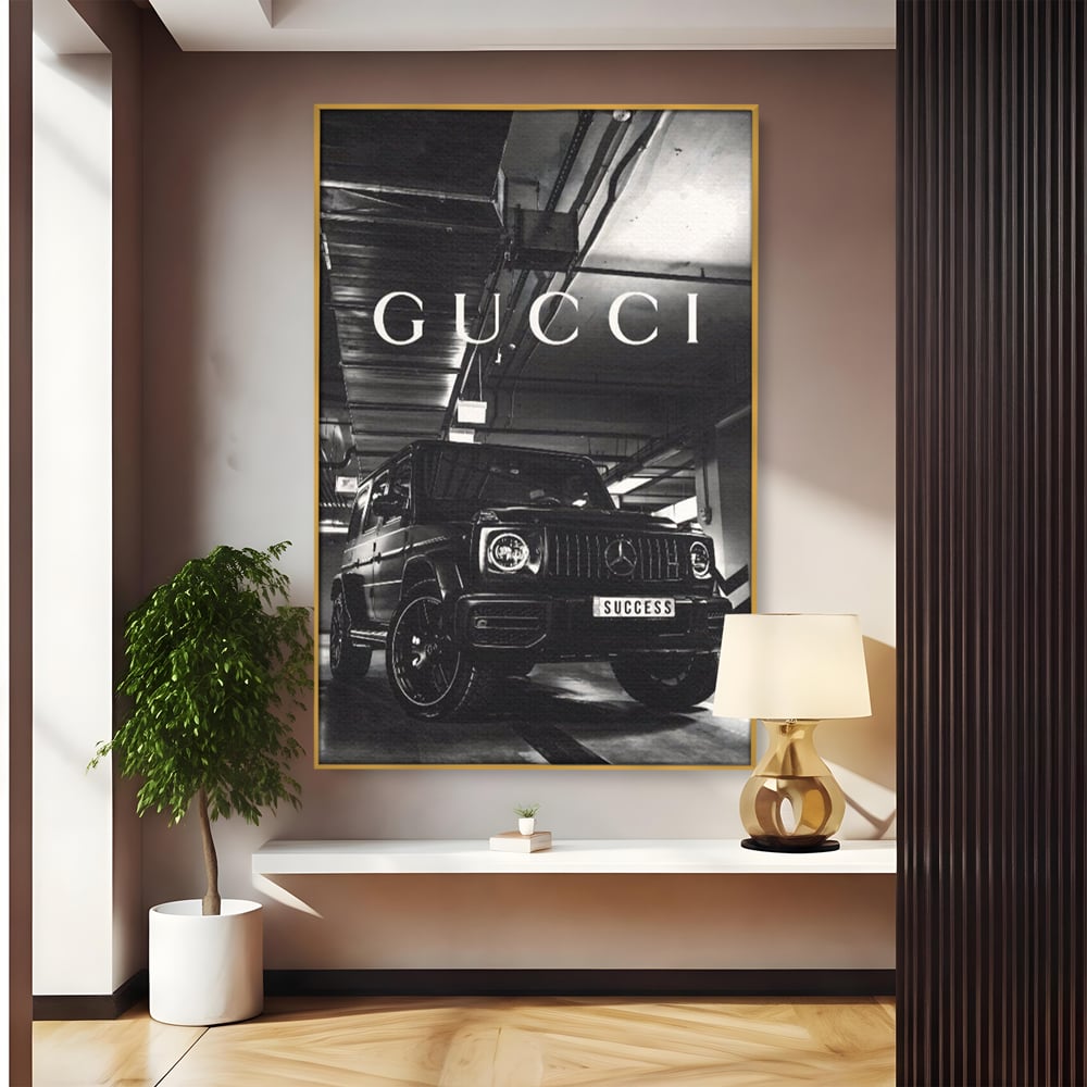 Tablou canvas cu tablou canvas cu masina si text, in rama de aluminiu auriu
